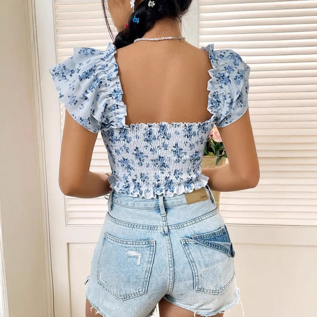 Women’s blue floral print smocked crop top with ruffle sleeves and square neckline – feminine summer blouse