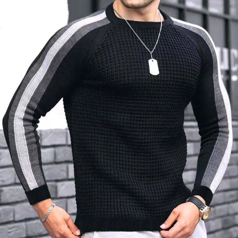 Men’s black colorblock stripe long sleeve knit sweater – fitted waffle-texture pullover with contrast arm stripes