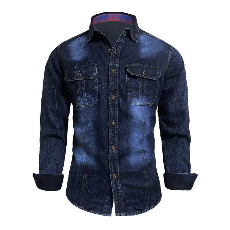 Men’s vintage washed long sleeve denim shirt with snap buttons – classic western casual style