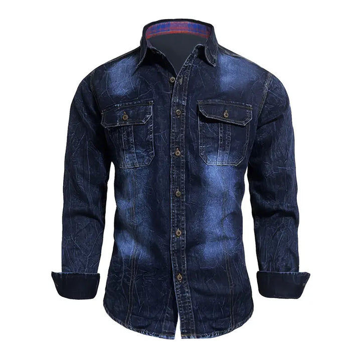 Men’s vintage washed long sleeve denim shirt with snap buttons – classic western casual style