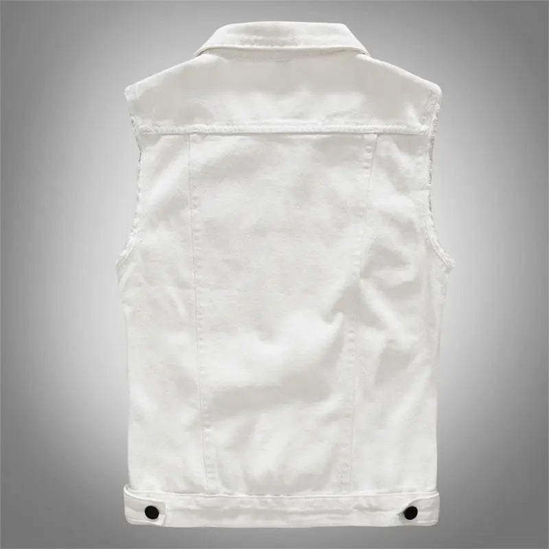 White sleeveless denim vest for men – lightweight summer outerwear with front button closure