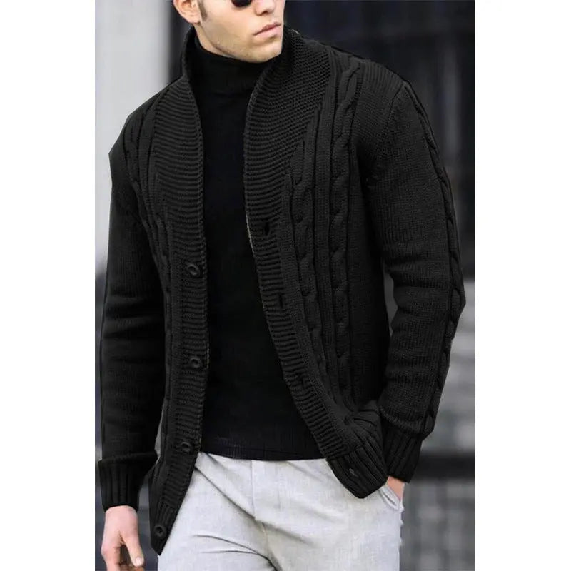 Men’s black cable knit cardigan sweater – button-up warm outerwear for fall and winter