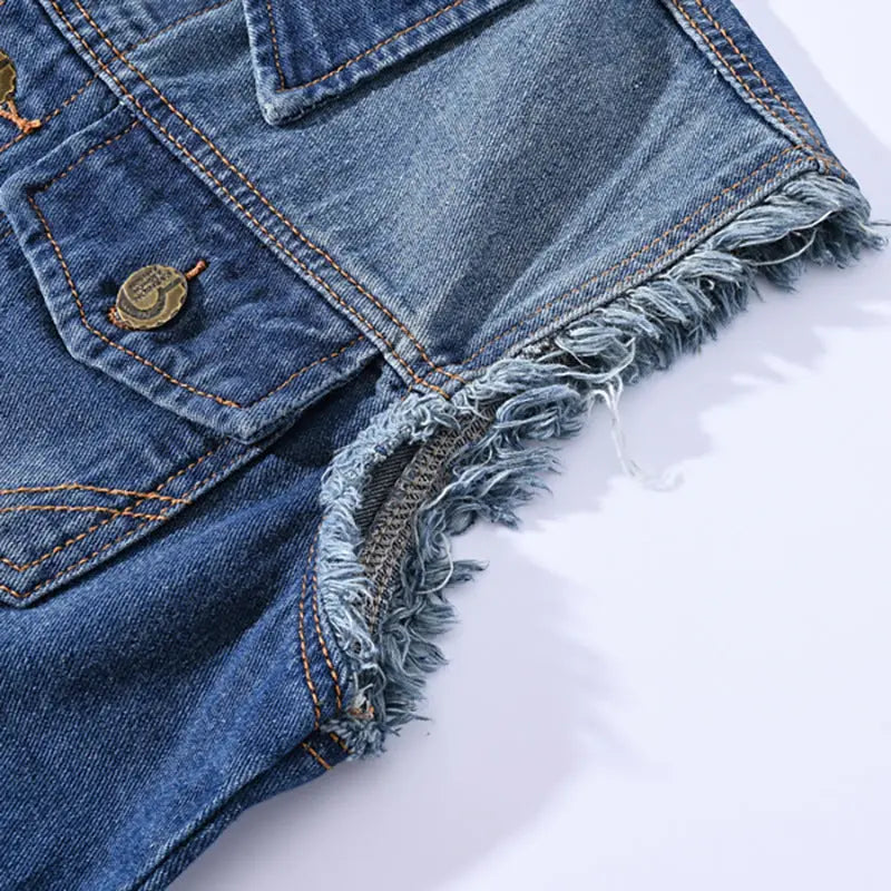 Men's sleeveless distressed denim vest – rugged blue jean jacket with ripped detailing