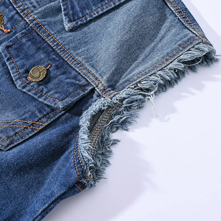 Men's sleeveless distressed denim vest – rugged blue jean jacket with ripped detailing