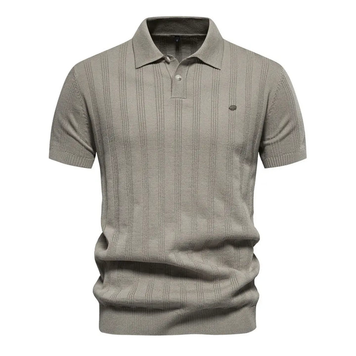 Men’s casual gray knit polo shirt with vertical ribbed detailing – classic summer outfit