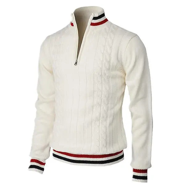 White half-zip cable knit sweater for men – preppy style pullover with striped collar detail