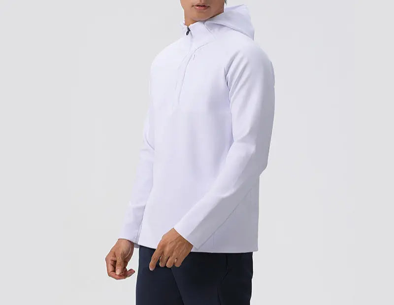 Men’s white long sleeve athletic hoodie with front zipper and minimalist design – lightweight sports pullover