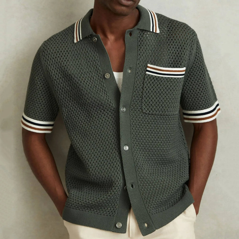 Men’s olive green textured short-sleeve button-up knit shirt with front pocket