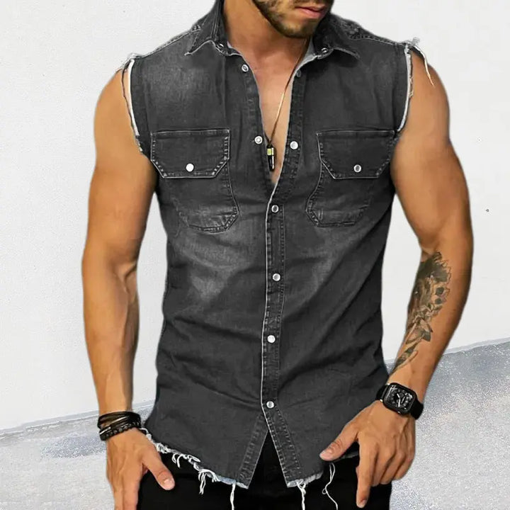 Men’s sleeveless black distressed denim shirt – rugged summer streetwear