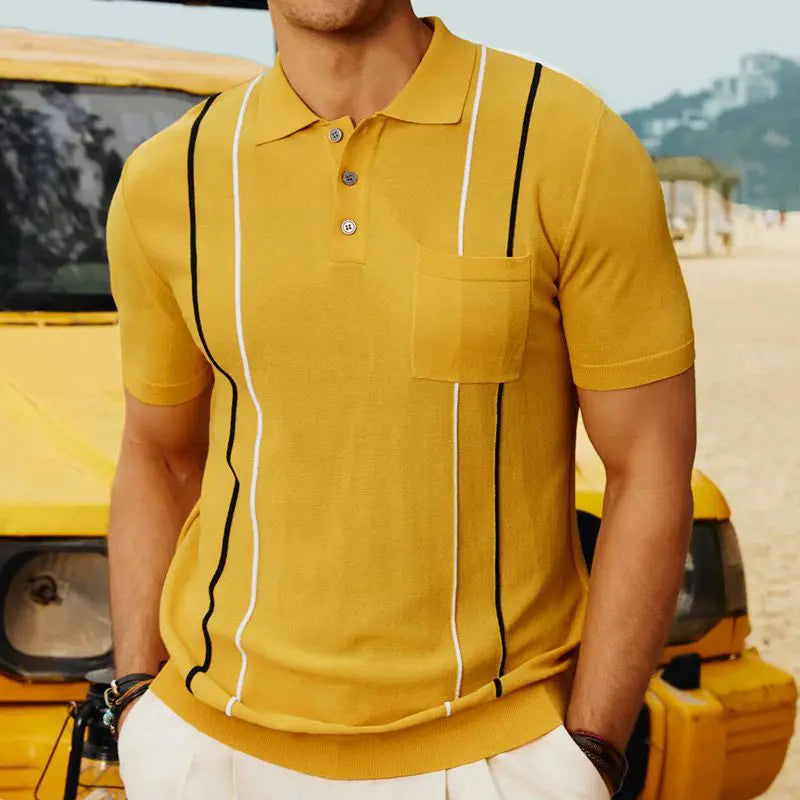 Men's mustard yellow polo with white and black vertical stripes, soft fabric, and relaxed fit – modern summer wardrobe piece