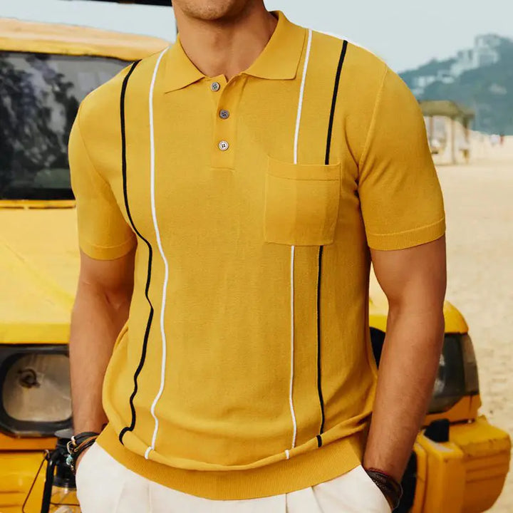 Men's mustard yellow polo with white and black vertical stripes, soft fabric, and relaxed fit – modern summer wardrobe piece