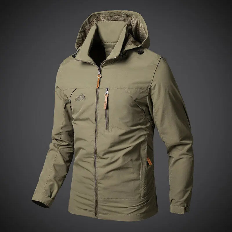 Khaki tactical jacket with hood and water-resistant shell for men