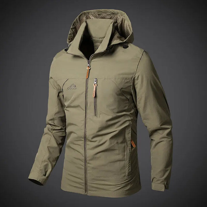 Khaki tactical jacket with hood and water-resistant shell for men