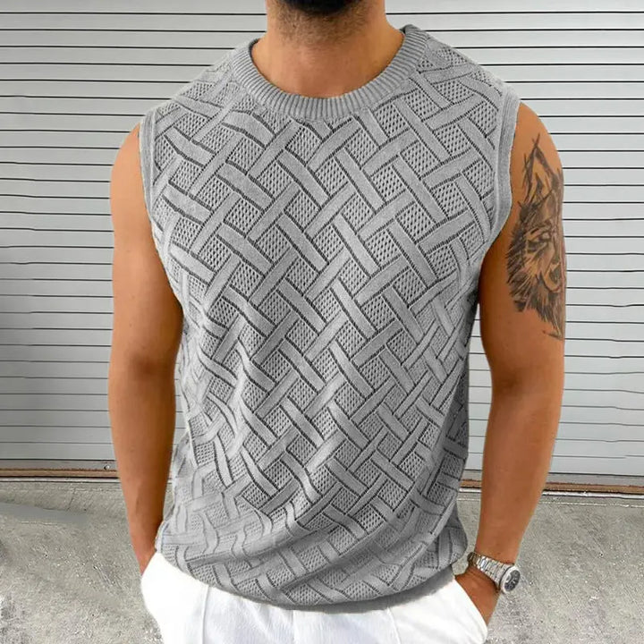 Men's grey sleeveless knit tank top with woven pattern – breathable summer muscle fit top