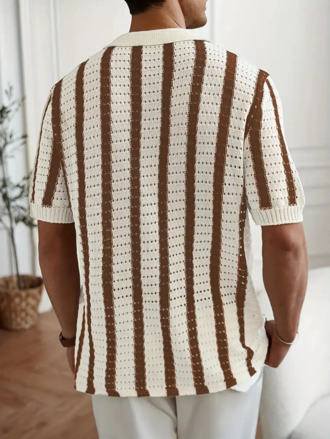 Men’s vintage-style brown and white vertical striped short sleeve knit shirt – retro button-up polo