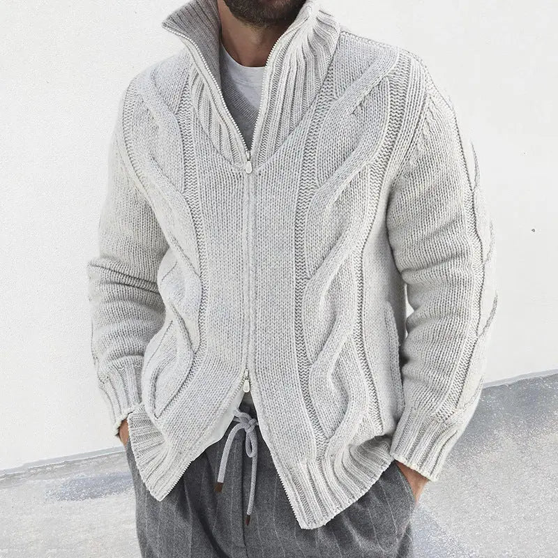 Chunky cable knit zip-up cardigan for men – warm shawl collar sweater in gray for casual fall and winter layering