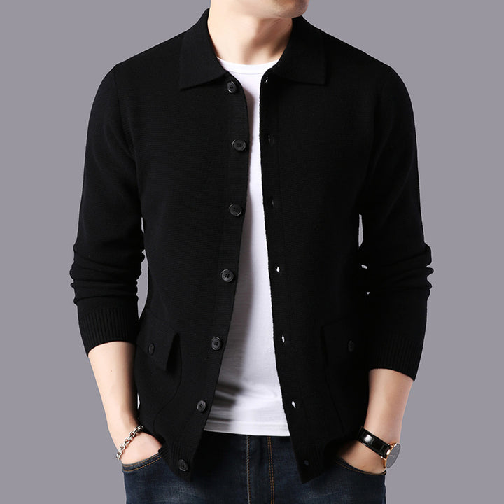 Men’s black casual knit cardigan sweater with button-up front – lightweight long-sleeve layering piece for fall and winter 