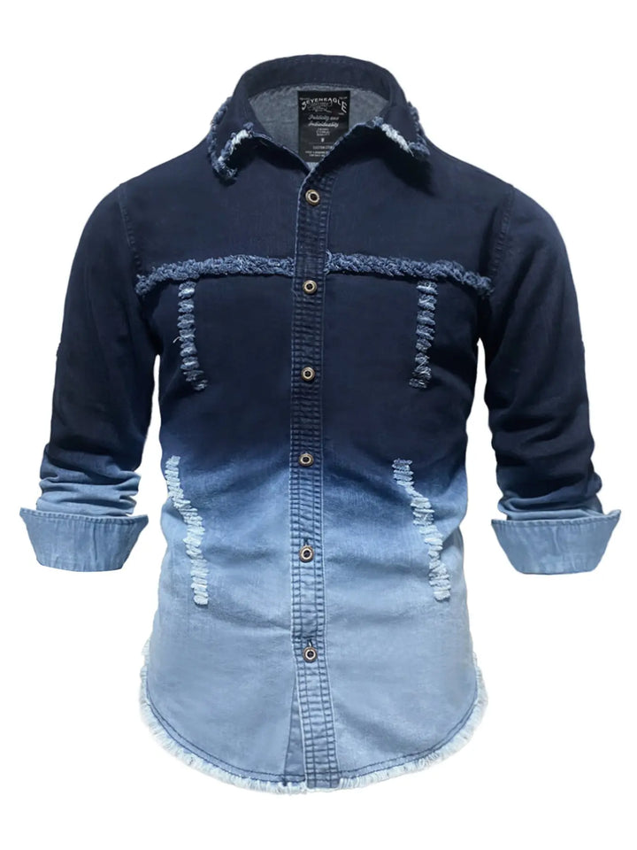 Rolled-sleeve men’s denim shirt with dip-dye gradient from navy to light wash – contemporary urban look