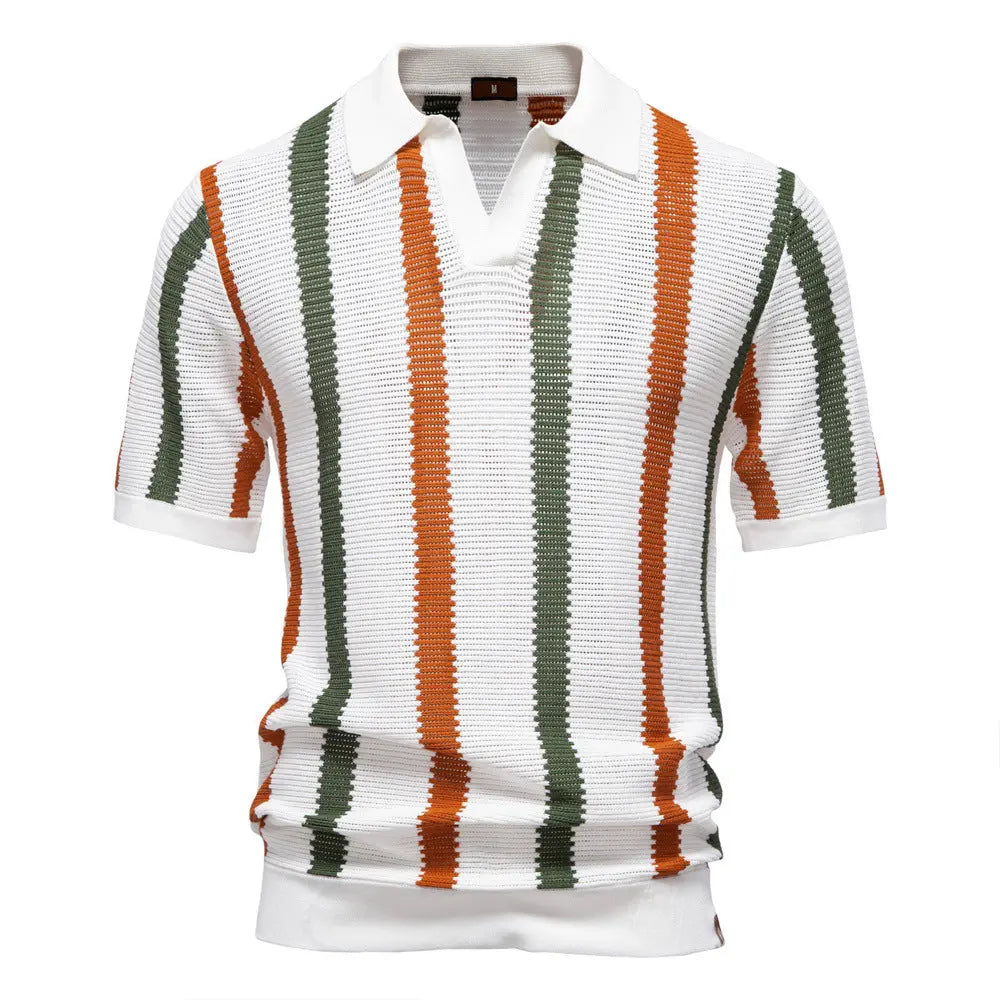 Men's vintage-style striped polo shirt in green, orange, and white – soft breathable summer wear