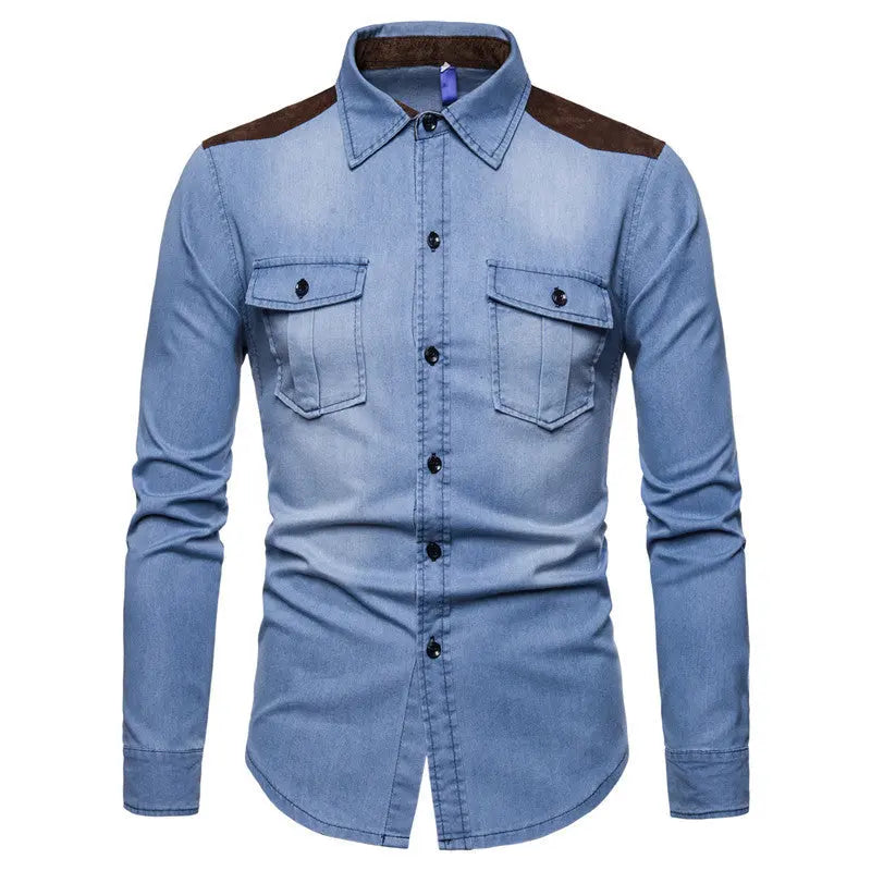 Men's light blue washed denim shirt with black shoulder accents and button-down front – modern casual shirt for men