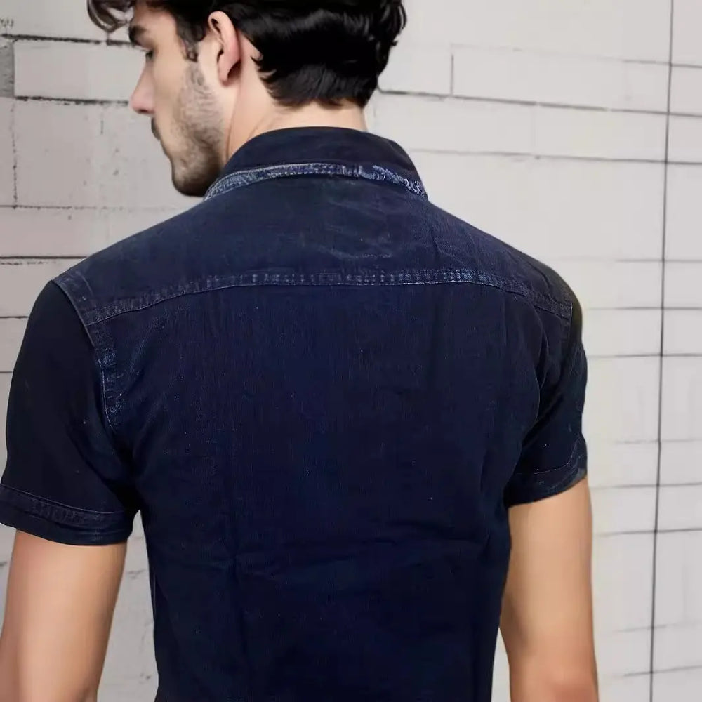 Men's short sleeve denim shirt with frayed seams – casual dark wash button-up for summer