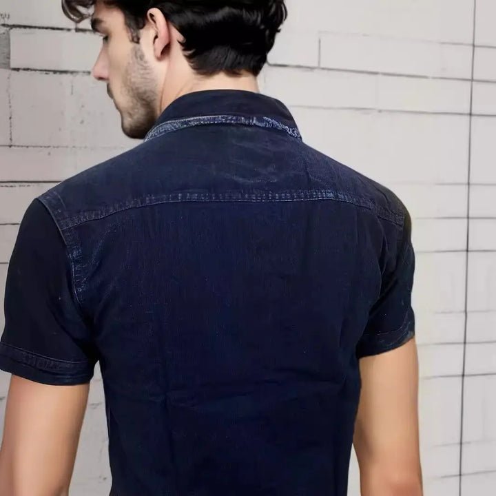 Men's short sleeve denim shirt with frayed seams – casual dark wash button-up for summer