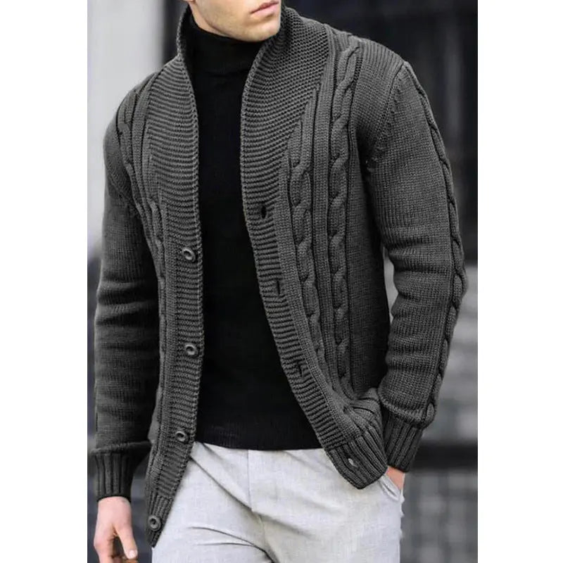 Charcoal grey men’s cardigan sweater – classic cable knit with modern fit