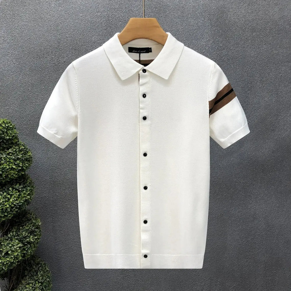 Men’s short sleeve knit polo shirt in white with contrast stripes and front buttons – modern summer top