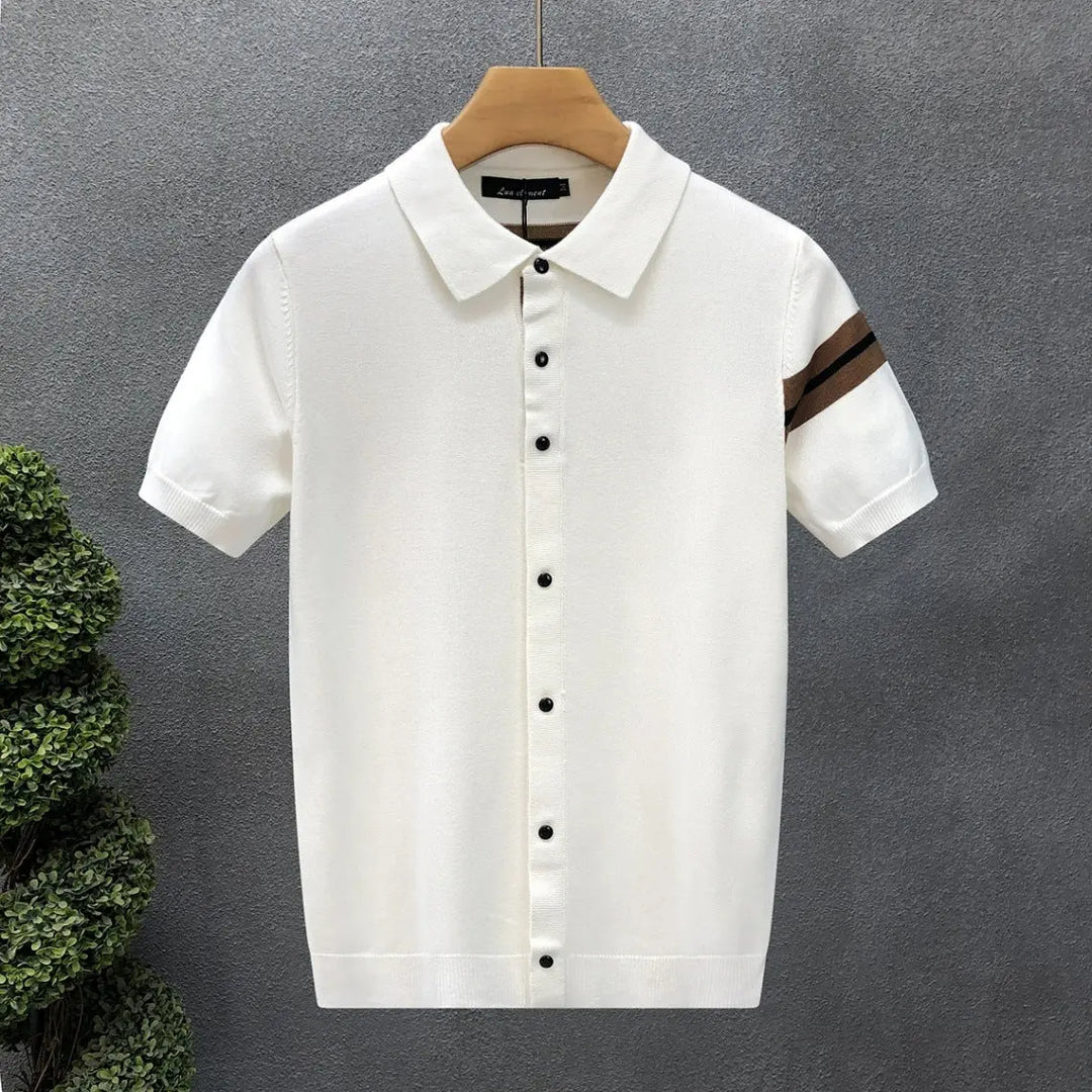 Men’s short sleeve knit polo shirt in white with contrast stripes and front buttons – modern summer top