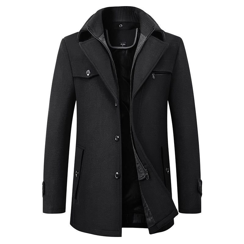 Men’s black wool blend trench coat with lapel collar and removable scarf – long winter overcoat for smart casual or formal wear
