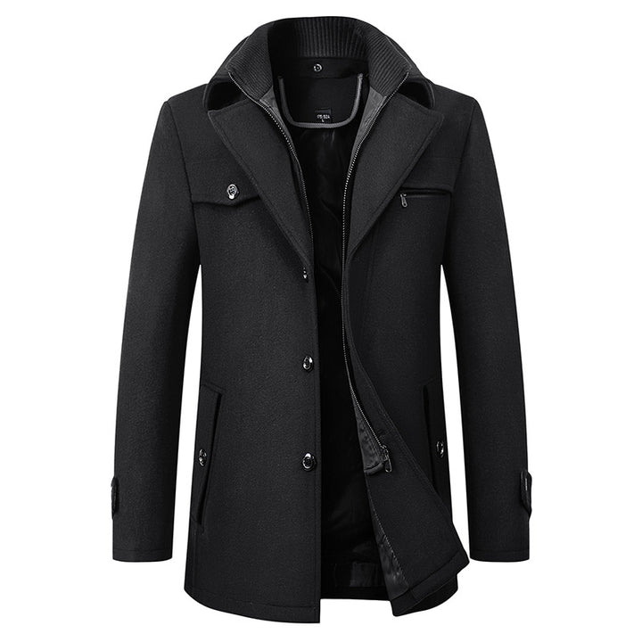 Men’s black wool blend trench coat with lapel collar and removable scarf – long winter overcoat for smart casual or formal wear