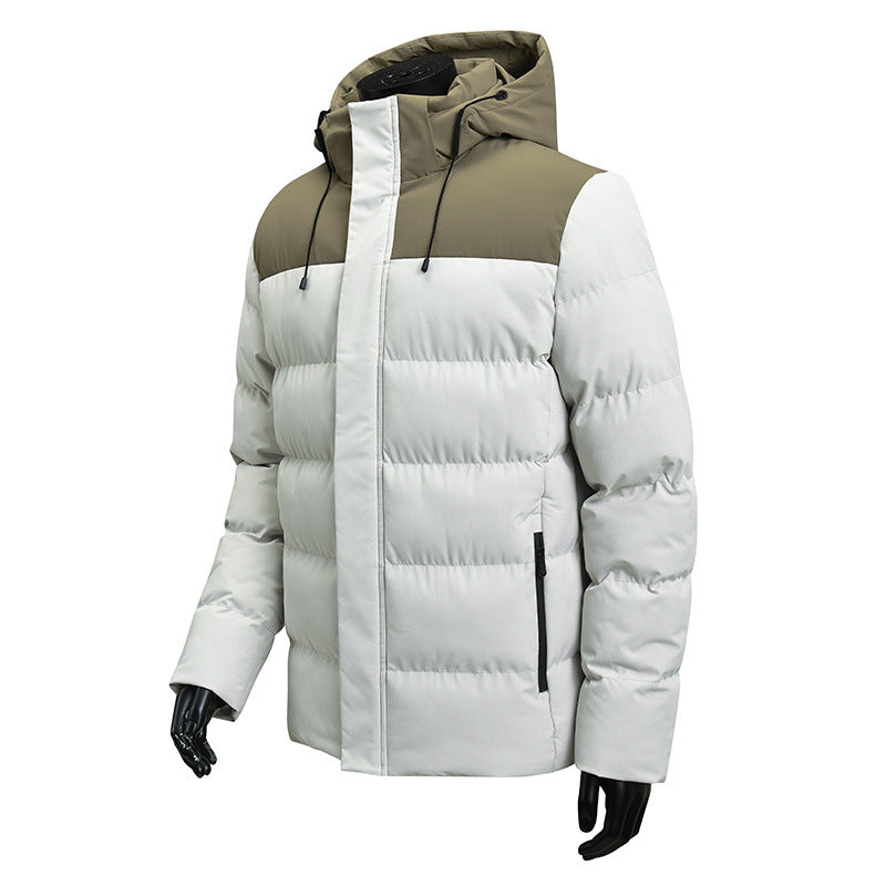 Men’s insulated color-block puffer jacket with hood – warm winter coat with windproof design, zip closure, and thermal padding in white and green hood