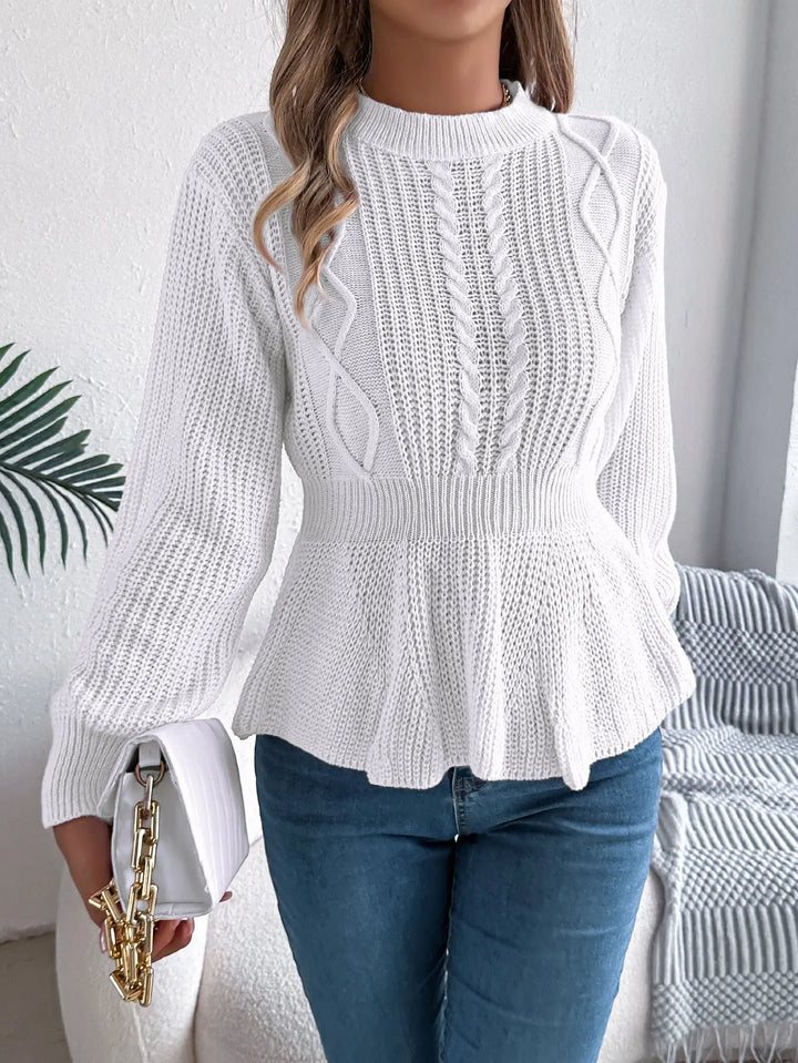 Peplum cable knit sweater for women – cozy long sleeve pullover with flared hem in white for fall and winter fashion