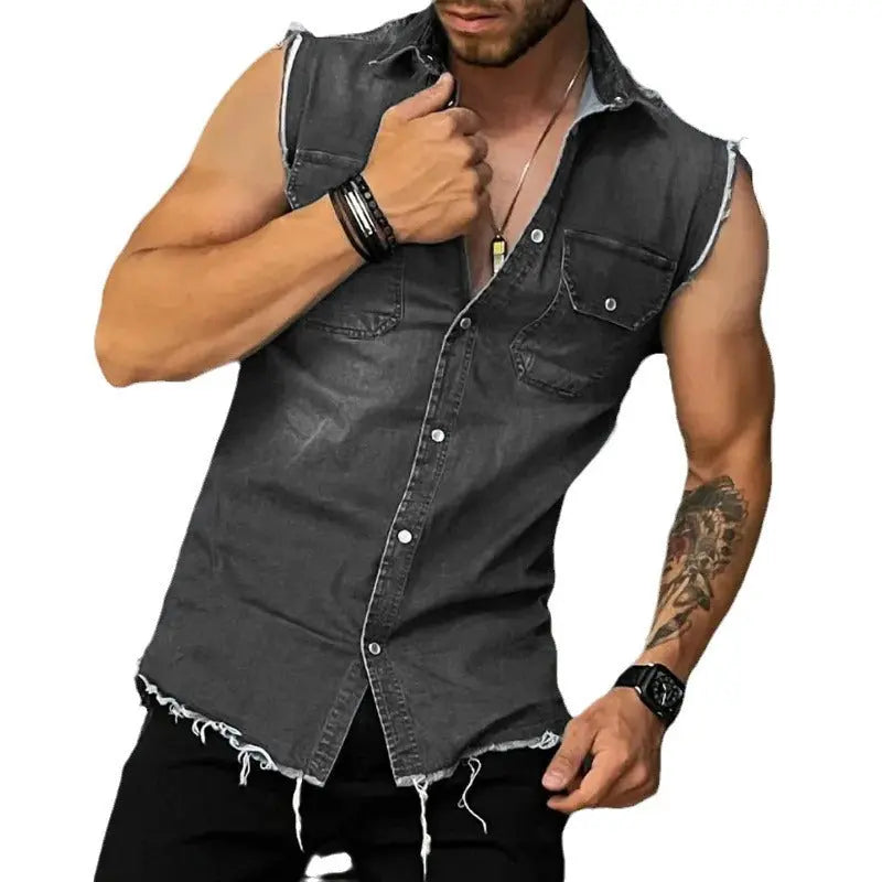 Men’s sleeveless black distressed denim shirt – rugged summer streetwear