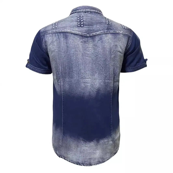Men’s bleached gradient denim shirt with front button closure and pocket studs – short sleeve 
