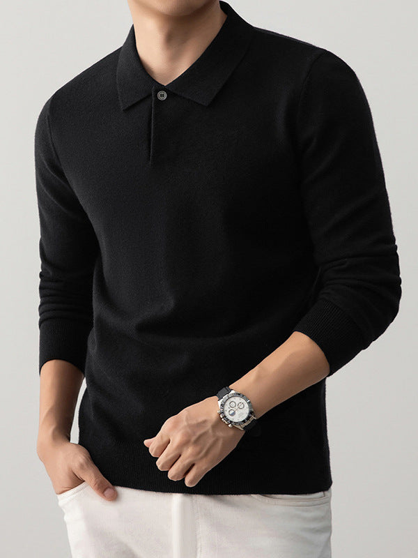 Men’s knit pullover with polo collar in black – soft lightweight long sleeve sweater for casual or smart wear