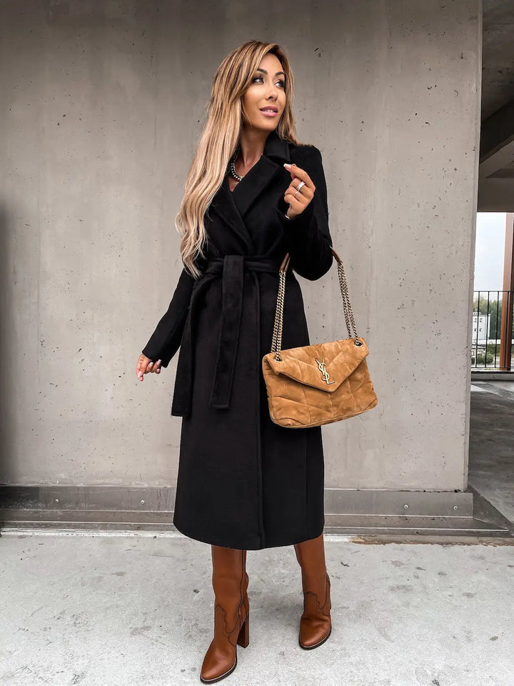 Black belted women's long coat – versatile and polished look for formal or casual wear