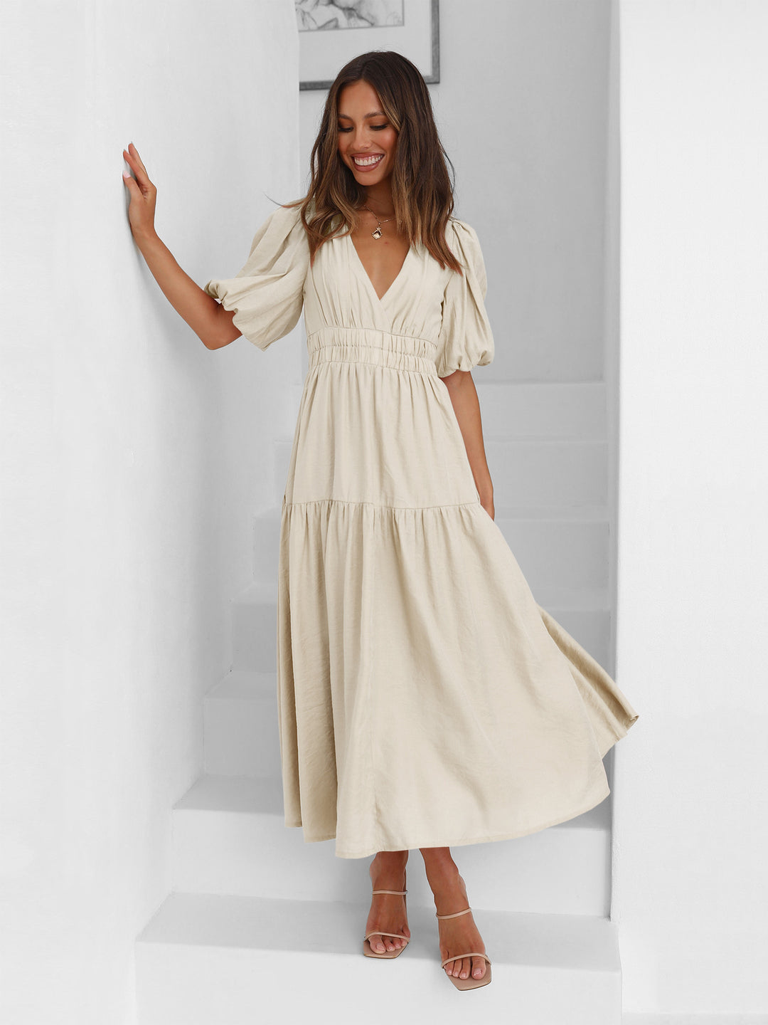 Cream V-neck midi dress – lightweight and breathable women’s dress ideal for beach outings or garden events.