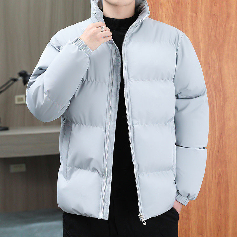 Men’s light blue puffer jacket. Quilted winter jacket with high collars and front zippers