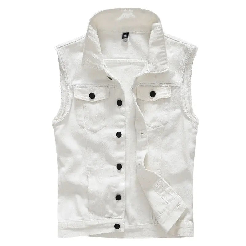 White sleeveless denim vest for men – lightweight summer outerwear with front button closure