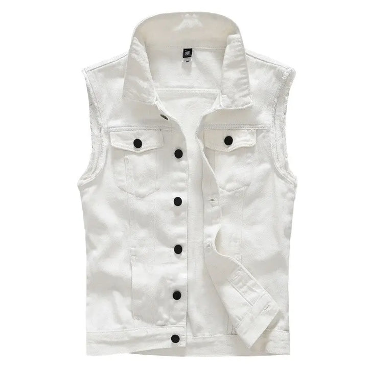 White sleeveless denim vest for men – lightweight summer outerwear with front button closure