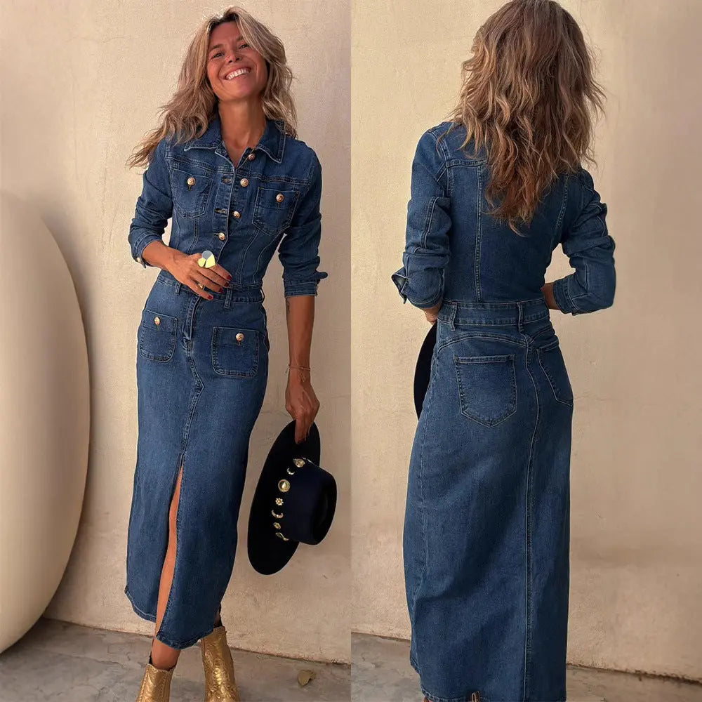 Women’s dark blue denim maxi dress with button-up front, long sleeves, and front slit – western-inspired jean dress