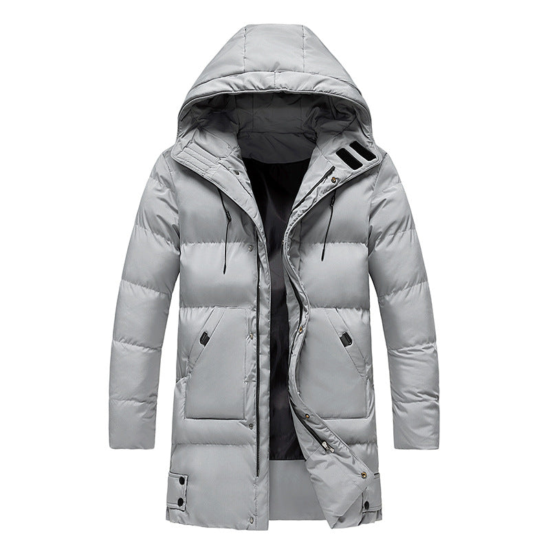 Men’s white long puffer parka jacket – insulated winter coat with hood, full zip front, and windproof design, ideal for cold weather