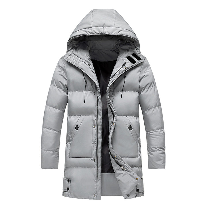 Men’s white long puffer parka jacket – insulated winter coat with hood, full zip front, and windproof design, ideal for cold weather