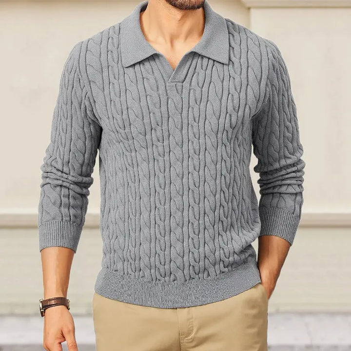 Men’s cable knit polo collar sweater – soft long sleeve pullover in neutral grey blending preppy style with cozy comfort for cooler seasons