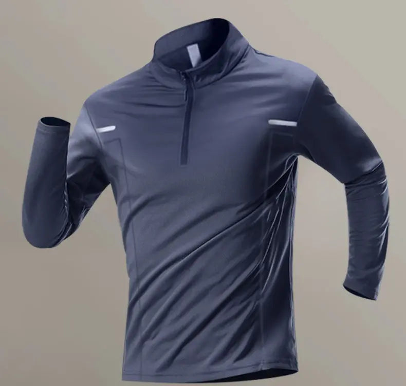 A blue long-sleeved RunFlow Sport Shirt with a half zipper and white reflective design accents on the shoulders.