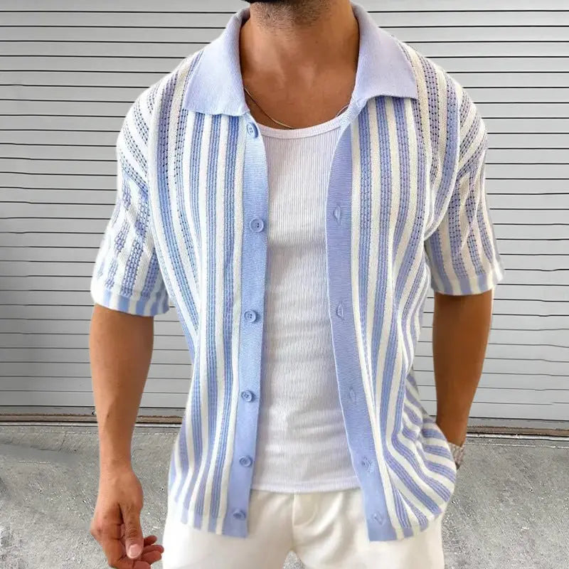 Men's light blue and white striped summer knit shirt – breathable short sleeve resort wear