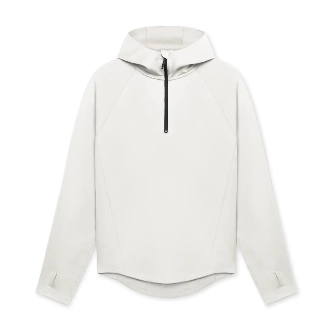 White men’s pullover hoodie with zipper neck and tapered fit – ideal for layering in athletic or casual outfits