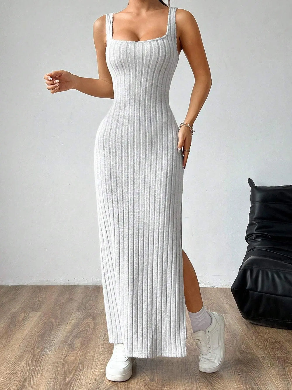 Women’s grey ribbed knit bodycon maxi dress with square neckline and side slit – sleeveless casual chic outfit