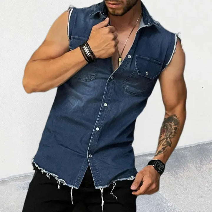 Men’s sleeveless blue distressed denim shirt – rugged summer streetwear